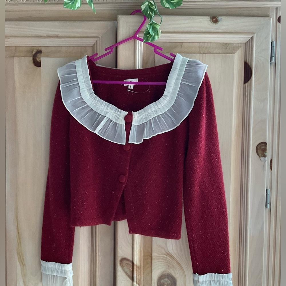 POL Burgundy Red Midi Cardigan with Cream Ruffle Trim NWT 
Sz S. $15